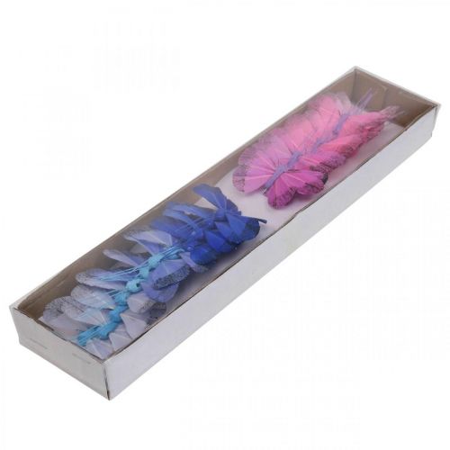 Produkt Dekoracyjne motyle z piórami motyl różowy, niebieski 6cm 24 szt