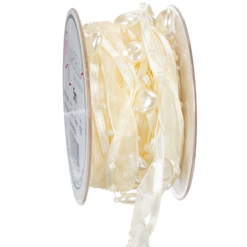 Floristik24 Wstążka dekoracyjna kremowa, serduszka, perełki, dekoracja ślubna, 10mm, 5m