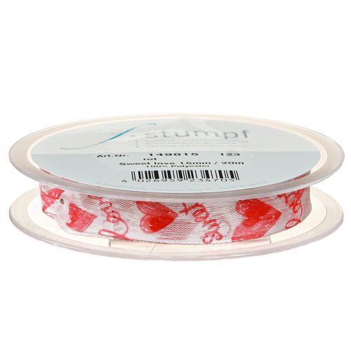 Produkt Wstążka dekoracyjna w serca Love biała czerwona organza 15mm 20m