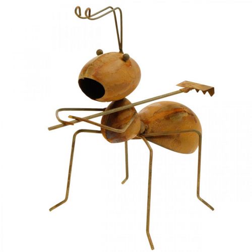 Figura dekoracyjna mrówka metal z grabiami dekoracja ogrodowa rdza 21,5cm