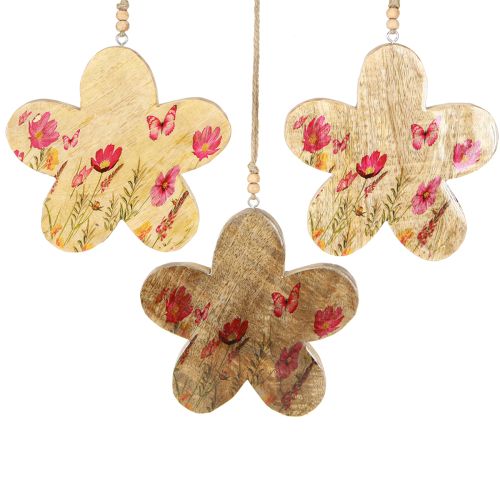 Produkt Dekoracyjne wiszące drewniane kwiaty wiosna naturalny róż 16cm 3szt