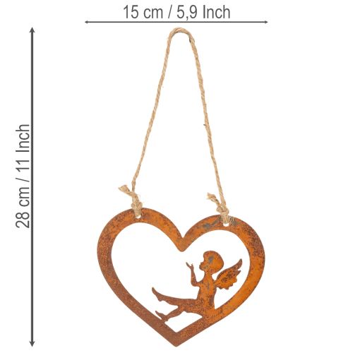 Dekoracyjne metalowe zawieszki, wykończenie w kolorze rdzy, wzór anioła w kształcie serca, Ø15 cm, 6 sztuk | Floristik24.pl