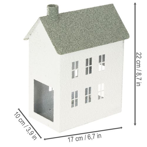 Dekoracyjny metalowy domek w kształcie domku z oknami i kominem, 22 cm | Floristik24.pl