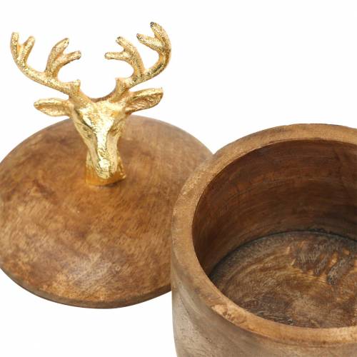 Floristik24 Pudełko z drewna mango z głową jelenia złote Ø10cm H15cm