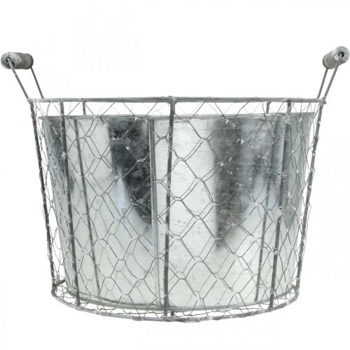 Produkt Kosz druciany z metalową miską, doniczką, wiosenną dekoracją srebrną, mytą bielą, shabby chic Ø30cm W25,5cm