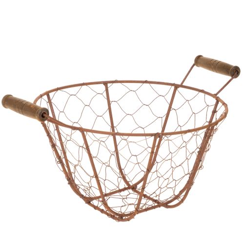 Koszyk metalowy w stylu vintage, okrągły, z drewnianymi uchwytami, wykończenie rdzawe, Ø22 cm