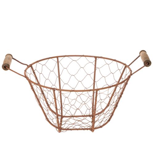 Koszyk metalowy w stylu vintage, okrągły, z drewnianymi uchwytami, wykończenie rdzawe, Ø22 cm | Floristik24.pl