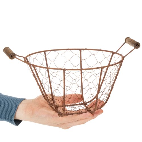 Koszyk metalowy w stylu vintage, okrągły, z drewnianymi uchwytami, wykończenie rdzawe, Ø22 cm | Floristik24.pl