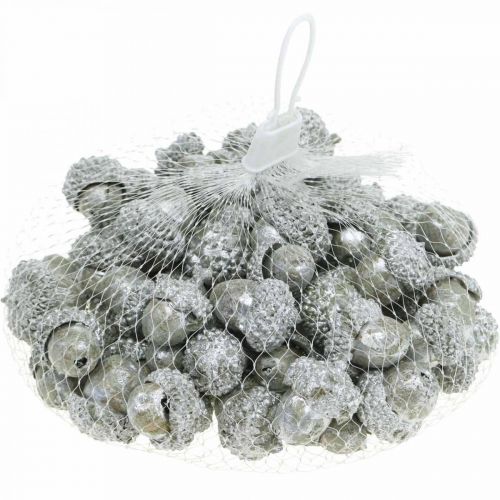 Produkt Ozdobne żołędzie srebrne, dekoracja adwentowa, naturalne jesienne owoce, dworek Ø1,5 - 2,5cm L1,5 - 3cm 300g