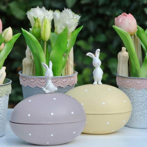 Floristik24 Króliczek na jajku, jajko ozdobne do wypełnienia, Wielkanoc, pudełko ozdobne żółte, fioletowe W17/16cm D15cm komplet 2