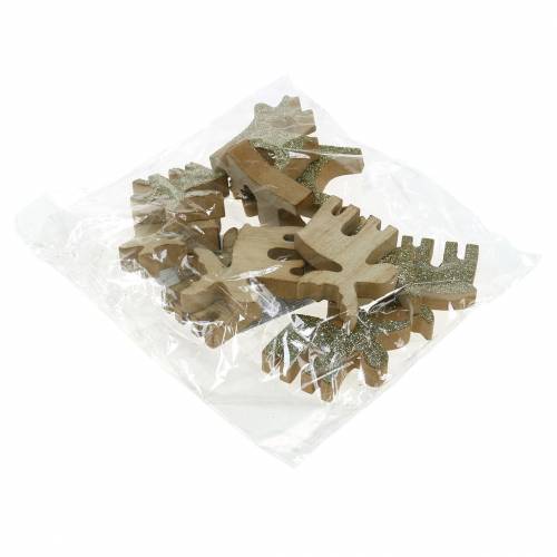 Floristik24 Dekoracja rozproszona Drewno łoś bożonarodzeniowy złoty, brokat 5×5,5cm 12 szt