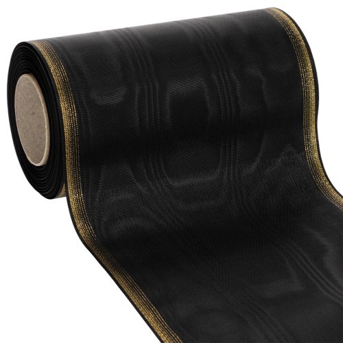 Elegancka wstążka do wieńców moiré, 175 mm, czarna z perłowym brzegiem i splotem taftowym, dekoracyjna wstążka do florystyki pogrzebowej, wstążka kokardka, 25 m kupić | Floristik24.pl