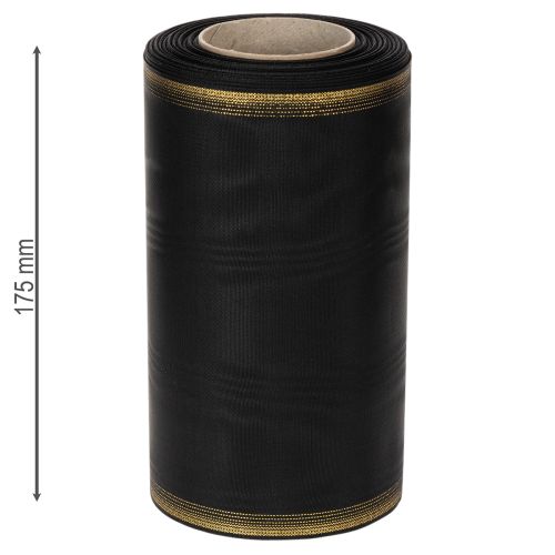 Elegancka wstążka do wieńców moiré, 175 mm, czarna z perłowym brzegiem i splotem taftowym, dekoracyjna wstążka do florystyki pogrzebowej, wstążka kokardka, 25 m | Floristik24.pl