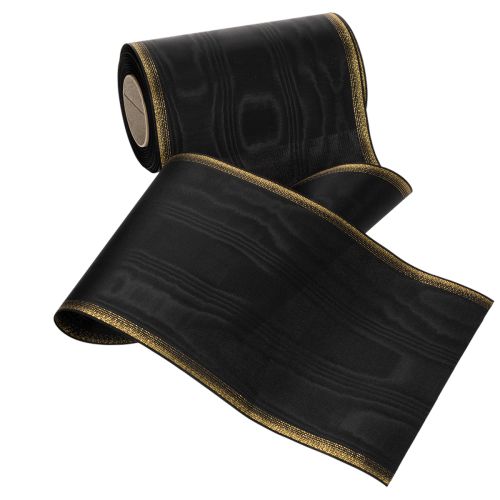 Elegancka wstążka do wieńców moiré, 175 mm, czarna z perłowym brzegiem i splotem taftowym, dekoracyjna wstążka do florystyki pogrzebowej, wstążka kokardka, 25 m | Floristik24.pl