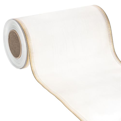 Elegancka wstążka do wieńca z efektem mory, 200 mm, biała, ze złotym perłowym brzegiem i specjalnym wykończeniem, 25 m – idealna do dekoracji i uroczystości kupić | Floristik24.pl