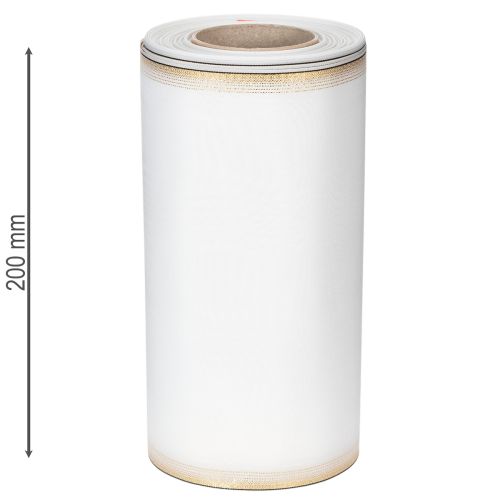 Elegancka wstążka do wieńca z efektem mory, 200 mm, biała, ze złotym perłowym brzegiem i specjalnym wykończeniem, 25 m – idealna do dekoracji i uroczystości | Floristik24.pl