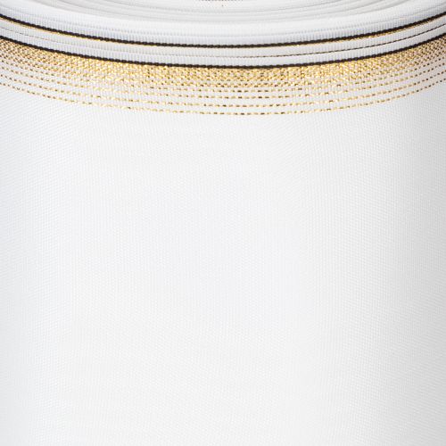 Elegancka wstążka do wieńca z efektem mory, 200 mm, biała, ze złotym perłowym brzegiem i specjalnym wykończeniem, 25 m – idealna do dekoracji i uroczystości | Floristik24.pl