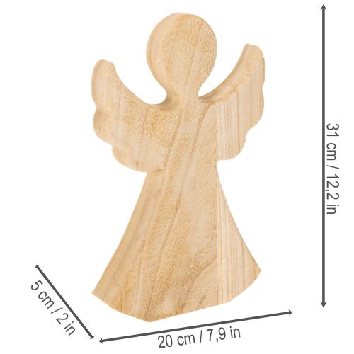 Drewniana figurka dekoracyjna anioła z jasnego naturalnego drewna, ozdoba świąteczna, 30 cm | Floristik24.pl