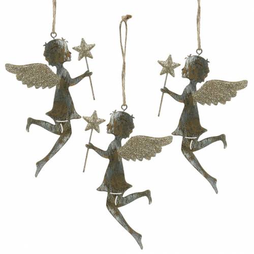 Floristik24 Dekoracyjny aniołek z magiczną różdżką do zawieszenia metalu złoty, srebrny 15,5cm × 9,5cm 3szt