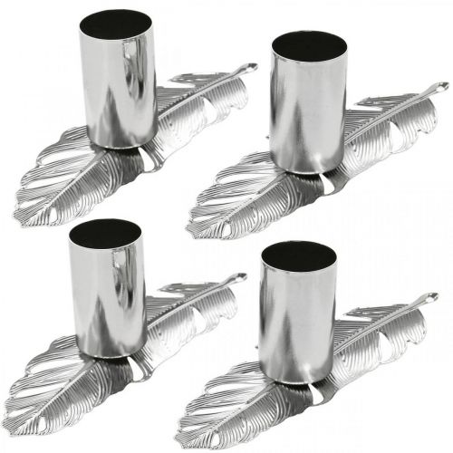 Floristik24 Pióra z świecznikiem, pióra metalowe, świecznik srebrny Ø2,2cm L13cm 4szt.