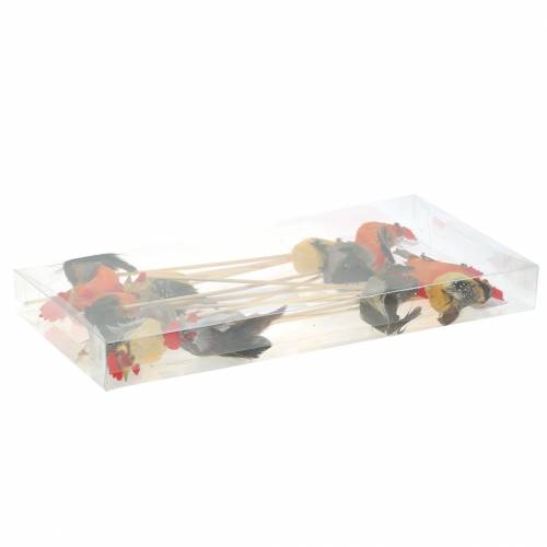 Floristik24 Kogut z prawdziwymi piórami na patyczku pomarańczowy, żółty, brązowy mix W5-6cm 12 szt