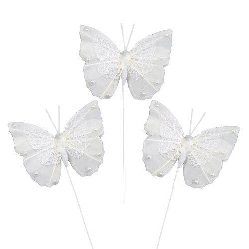 Motyl piórko 8cm z drucikiem białe 12szt