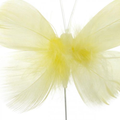 Motylki dekoracyjne na druciku, dekoracja wiosenna, motylki z piór w odcieniach żółtego 6szt.