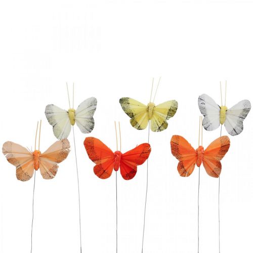 Floristik24 Motyl z piór na drucie 5cm pomarańczowy, żółty 24 szt