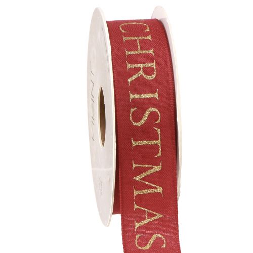Świąteczna wstążka bożonarodzeniowa w kolorze czerwonym ze złotym napisem „Merry Christmas”, szerokość 25 mm, długość 15 m