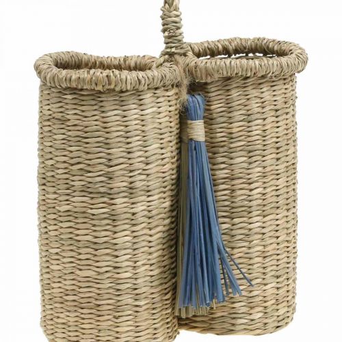 Floristik24 Uchwyt na butelkę wykonany z trawy morskiej, pleciony kosz na butelkę, dekoracja balkonu, ozdobny kosz do wiszącej natury, niebieski W20cm W22cm