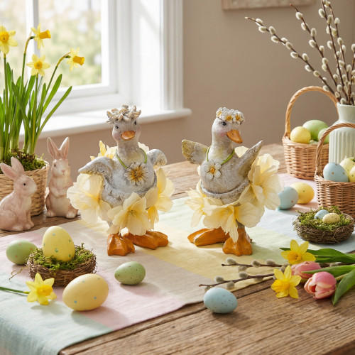 Produkt Dekoracyjna figurka kaczki w kwiecistej sukience, wiosenna, szczegółowy dodatek do letniej dekoracji, 11 cm, 2 sztuki