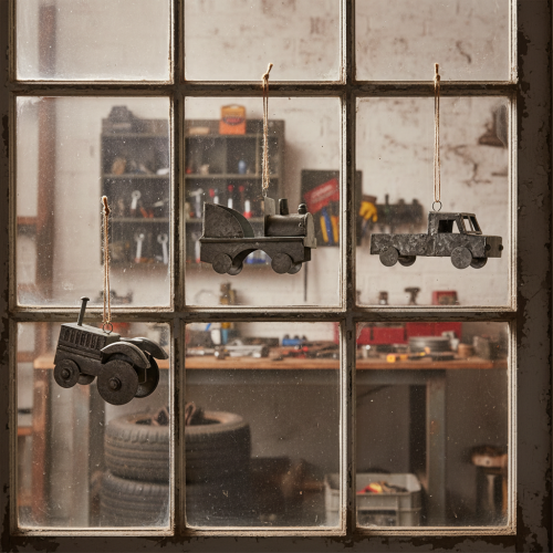 Produkt Dekoracyjne metalowe samochody w stylu vintage do zawieszenia, różne rozmiary, 9-10 cm, 4 sztuki