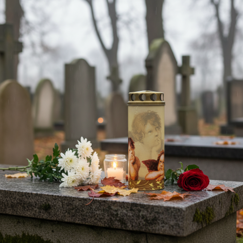 Produkt Świeca nagrobna anioł Świeca nagrobna z motywem światła żałobnego Ø6cm W15,5cm