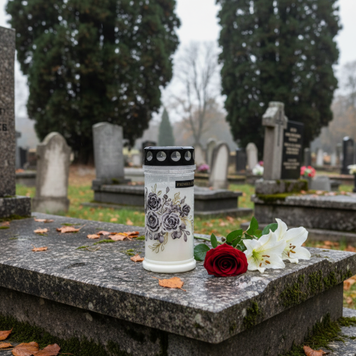 Produkt Białe znicze z motywami kwiatowymi, Ø7,5cm, wys.16,5cm, 6 szt.