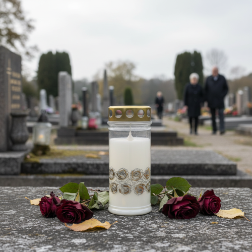 Produkt Świeca nagrobna białe róże złota lampka żałobna Ø7cm W18cm 77h