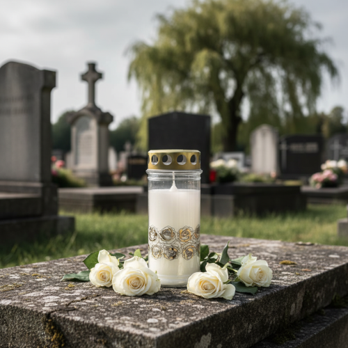 Produkt Świeca nagrobna białe róże złota lampka żałobna Ø7cm W18cm 77h