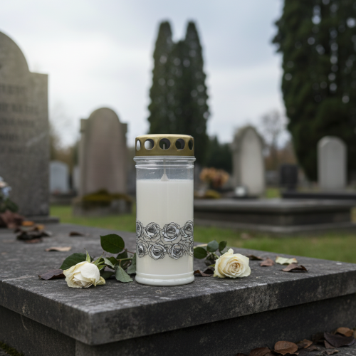 Produkt Świeca nagrobna białe róże srebrna lampka żałobna Ø7cm W18cm 77h