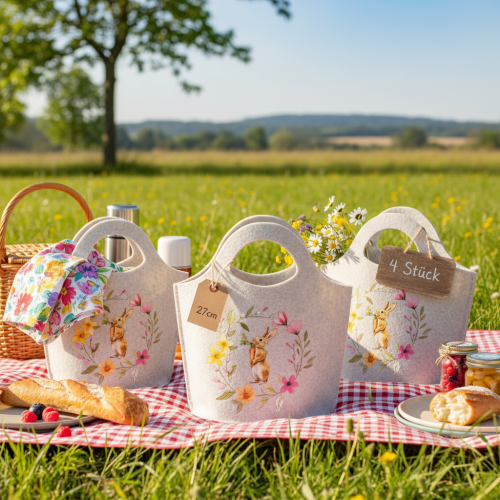 Produkt Torebka filcowa z uroczym zajączkiem wielkanocnym, idealna na wiosnę i lato, 27 cm, 4 sztuki