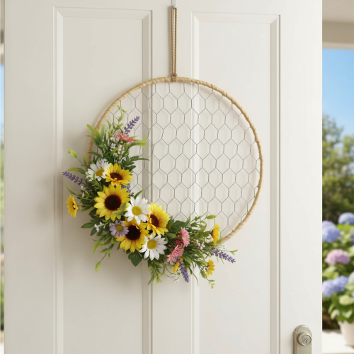 Produkt Pierścień metalowy dekoracyjny Ø38cm, dekoracja wisząca, rafia, srebro, naturalny, dekoracja ścienna w stylu boho, uniwersalna dekoracja, 4 sztuki