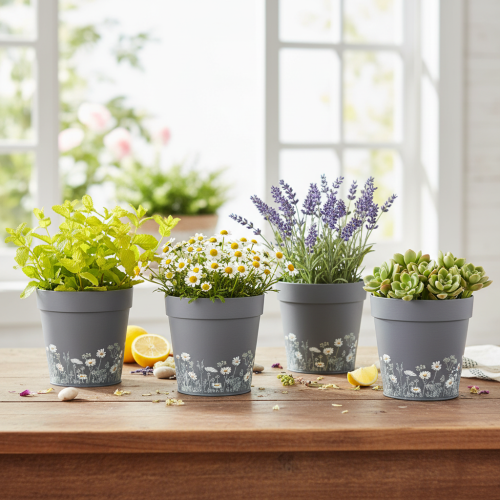 Produkt Doniczka z kwiatowym wzorem do nowoczesnej dekoracji domu i letniego balkonu, 13 cm, 4 sztuki