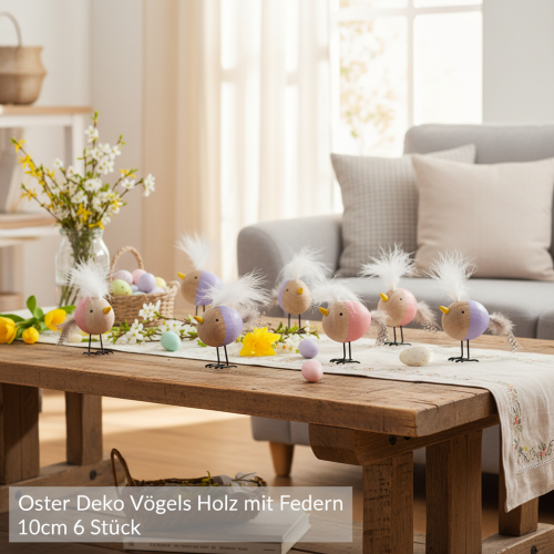Produkt Dekoracyjny drewniany ptak z piórami i kolorowym korpusem do dekoracji stołu, 10cm, 6 sztuk