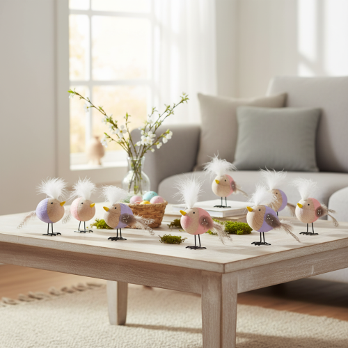 Produkt Dekoracyjny drewniany ptak z piórami i kolorowym korpusem do dekoracji stołu, 10cm, 6 sztuk