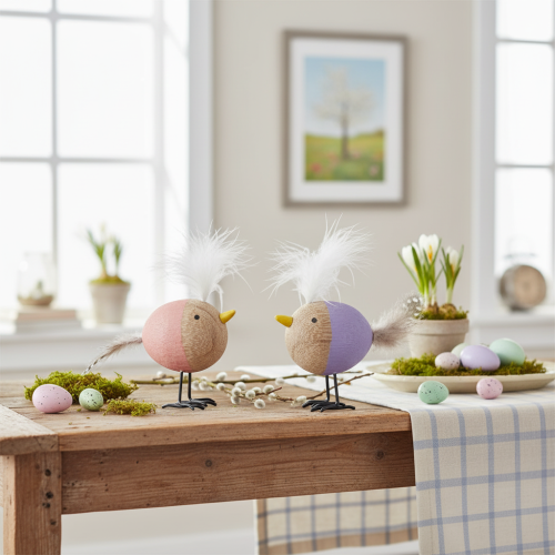 Produkt Dekoracyjny drewniany ptak z piórami i kolorowym korpusem do dekoracji stołu, 10cm, 6 sztuk