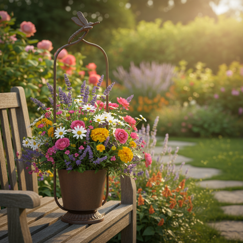 Produkt Doniczka vintage z kratką, wzór ważki, metal, Ø16/H62cm