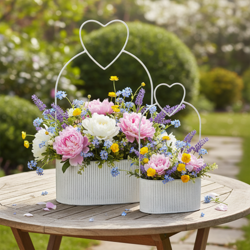 Produkt Dekoracyjna owalna metalowa miska z sercem, biała, 20/16 cm, zestaw 2 szt.