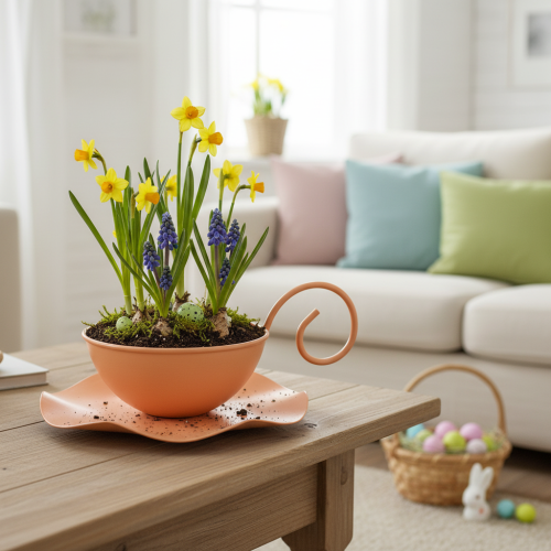 Produkt Filiżanka dekoracyjna metalowa, pomarańczowa, Ø11,5cm, wys.6cm, ze spodkiem, 2 sztuki