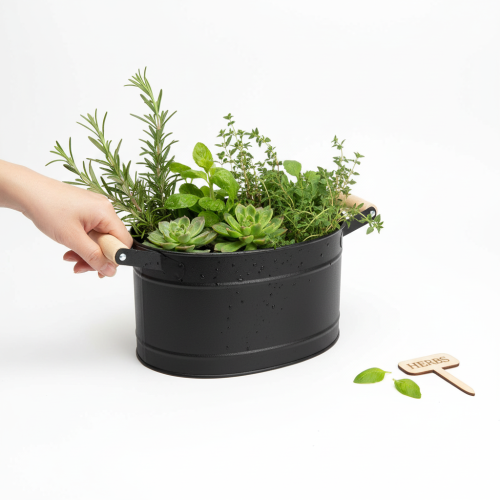 Produkt Metalowa owalna doniczka z uchwytem, wykończenie czarne i naturalne, 34x19,5x15cm