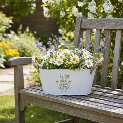 Produkt Dekoracyjna owalna metalowa miska, biała z naturalnym wzorem kwiatowym, dł. 26 cm