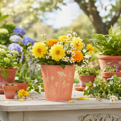 Produkt Doniczka z dekoracją kwiatową, morelowa żółć, Ø10,5cm H10,5cm