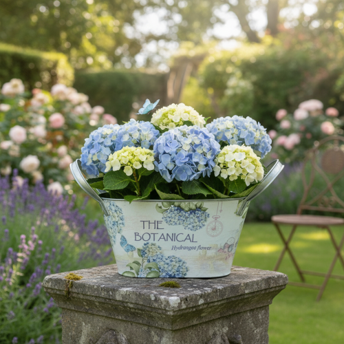 Produkt Misa na kwiaty z uchwytami, wzór hortensji, metal, 26×13×14,5 cm